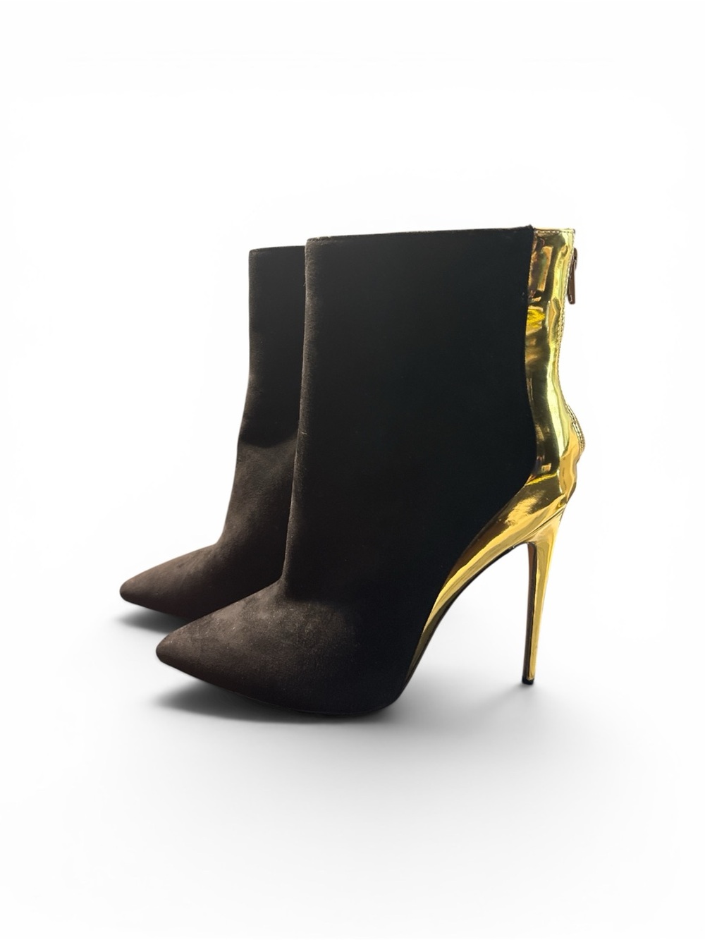 Amazon Black Suede Ankle Booties with Gold Metallic Heel